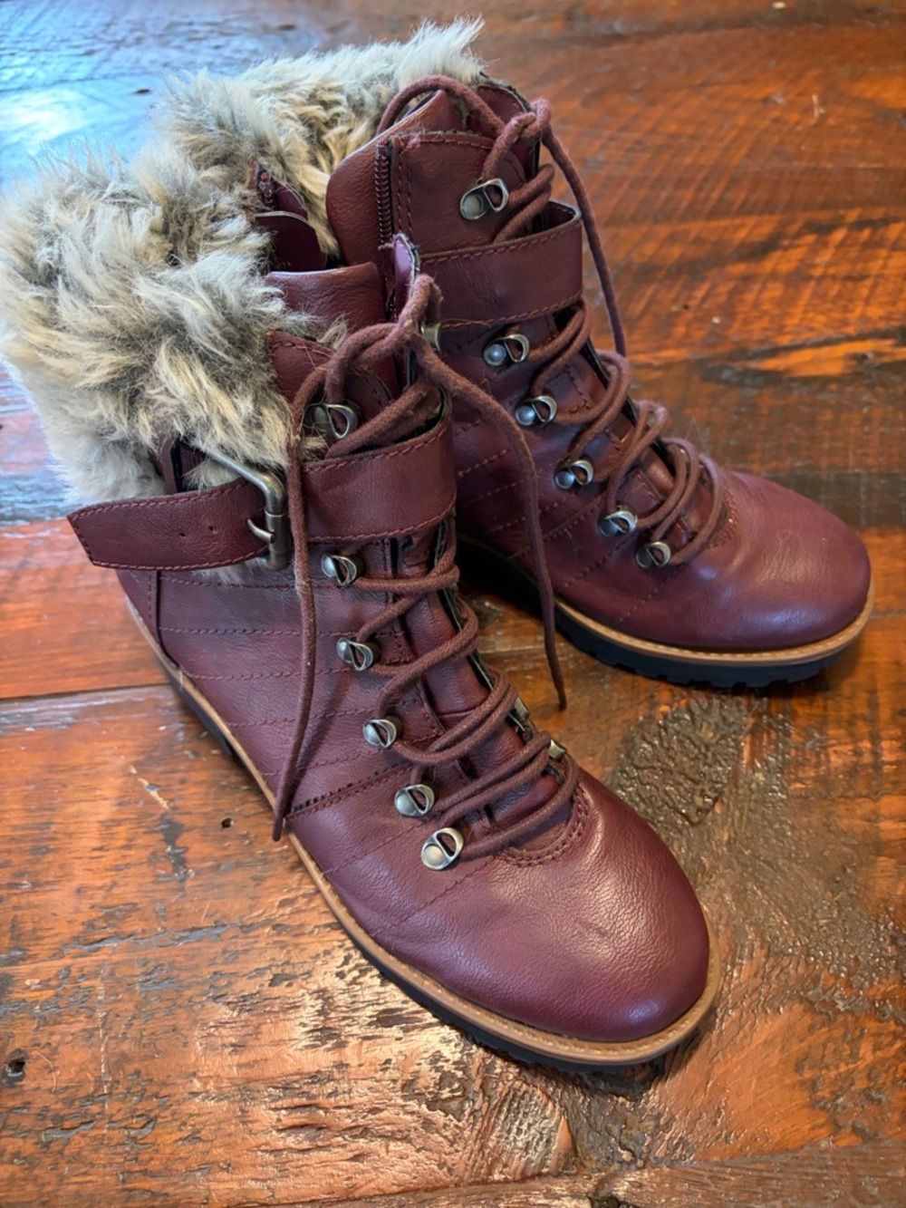 Sun + Stone Burgundy Faux Fur Lace-Up Ankle Boots